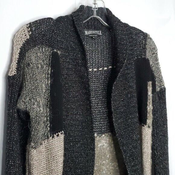Marystyle Open Cardigan Sweater S Black Gray Color Block Geometric Patchwork - Picture 2 of 6